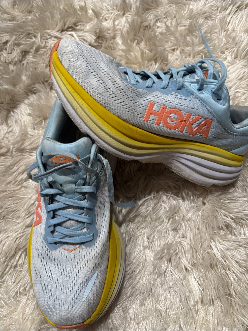 Hoka Women's Light Blue Running Sneakers with Yellow & Coral Accents